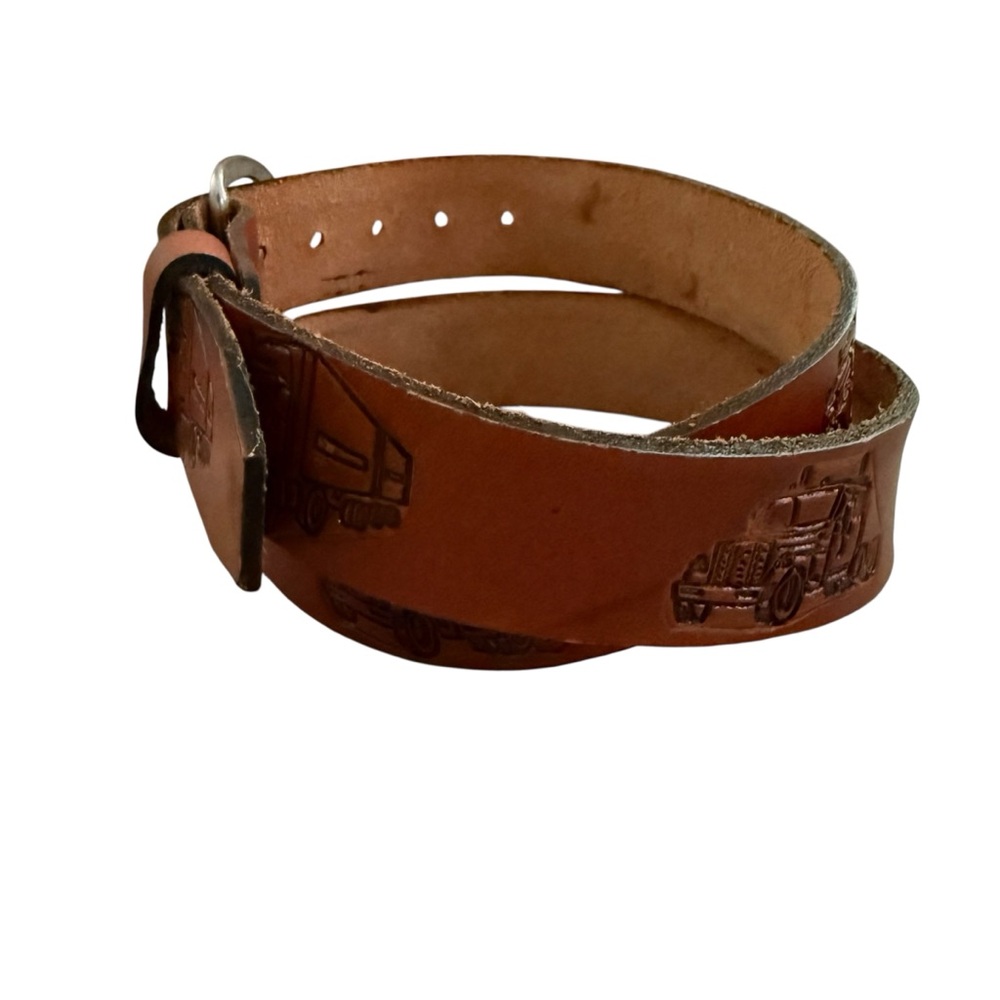 Vintage Tooled Transport Truck Brown Leather Belt Size 36 Removable Buckle USA - Picture 3 of 15